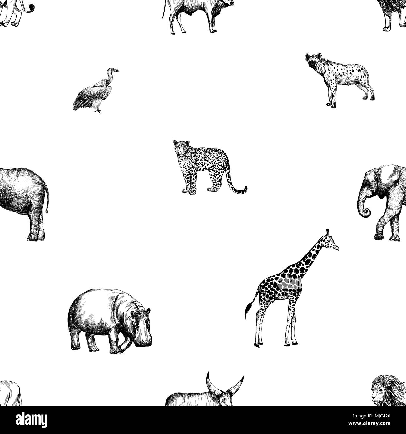 Seamless pattern of hand drawn sketch style animals and bird isolated ...