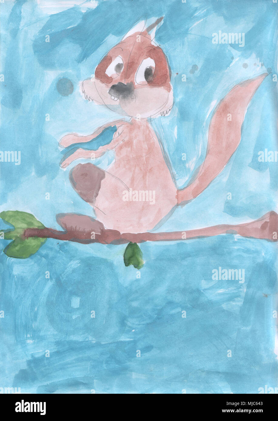 Children's drawing - Squirrel sits on a branch Stock Photo