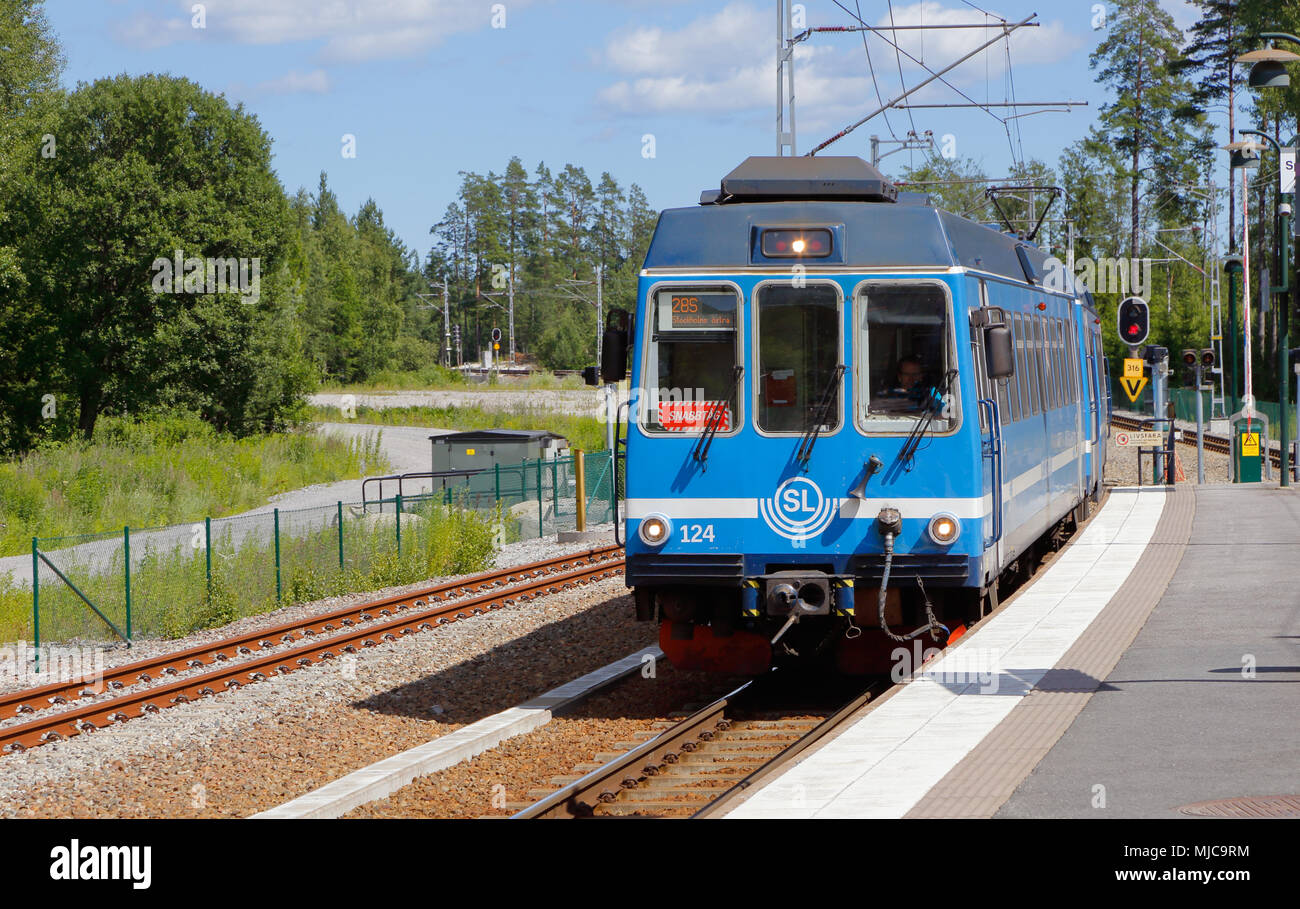 Rydbo, Sweden - July 6, 2016: A blue passenger trains in traffic for SL ...