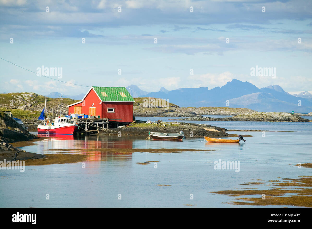 colorful wooden houses in midnight sun on the Island of Lovund in