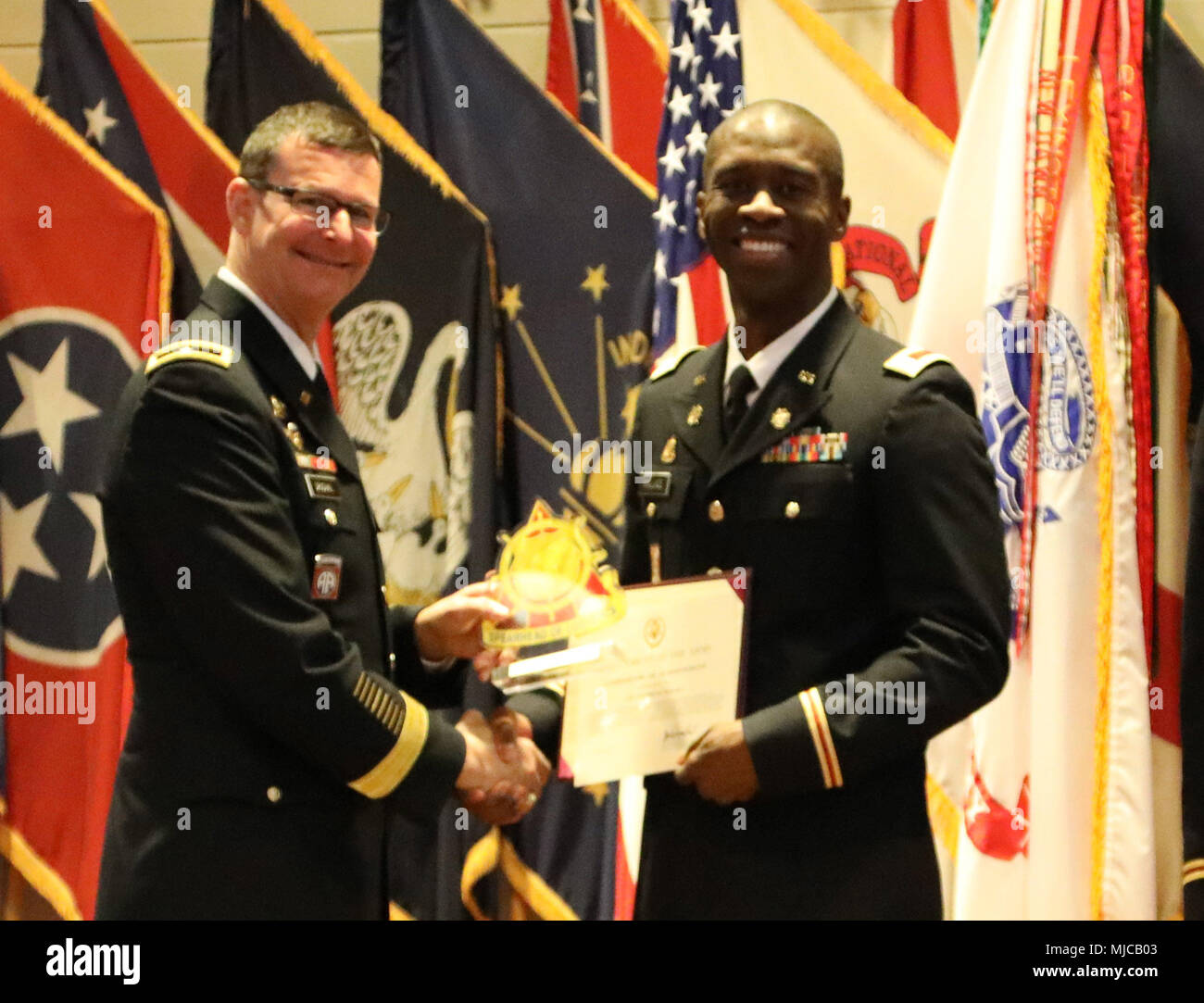 Brig. Gen. Jeffrey W. Drushal (left), chief of transportation and commandant, U.S. Army Transportation School, presented the best 2017 Transportation Reserve Warrant Officer Award to Chief Warrant Officer 2 Cleophus S. Wallace, 840th Transportation Battalion, Camp Arifjan, Kuwait, during the U.S. Army Transportation Corps annual regimental honors ceremony May 1 at Wylie Hall on Fort Lee, Virginia. The ceremony was held as part of the U.S. Army Combined Arms Support Command Sustainment Week branch day activities. Stock Photo