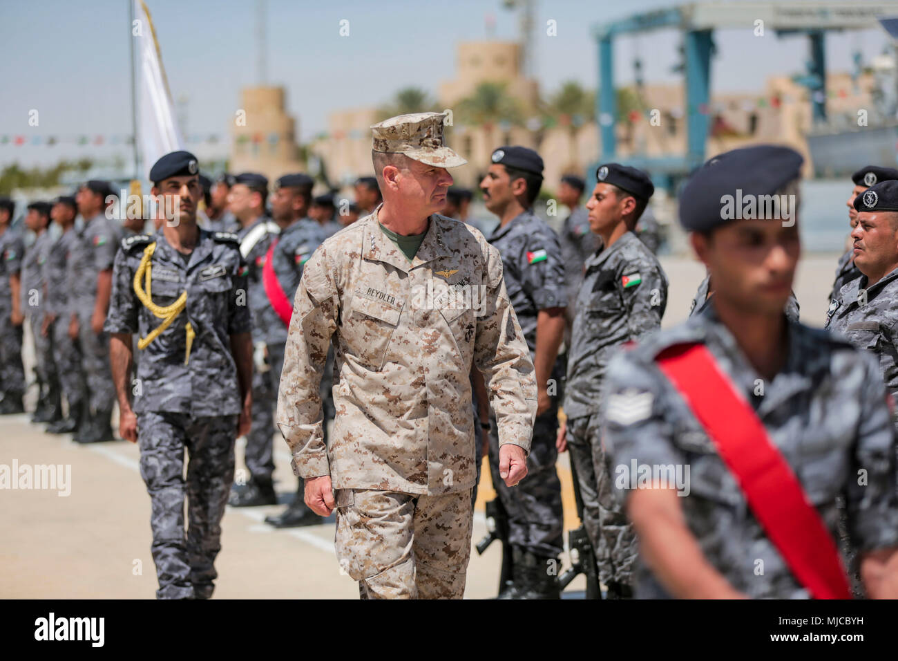 Royal Jordanian Naval Base Jordan U S Marine Lt Gen William D Beydler Commander Of Marine Corps Forces Central Command Inspects Jordanian Marines During Jordanian 77th Marine Battalion Change Of Command