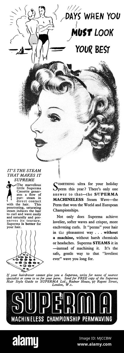 1939 British advertisement for Superma machineless steam hair perming. Stock Photo