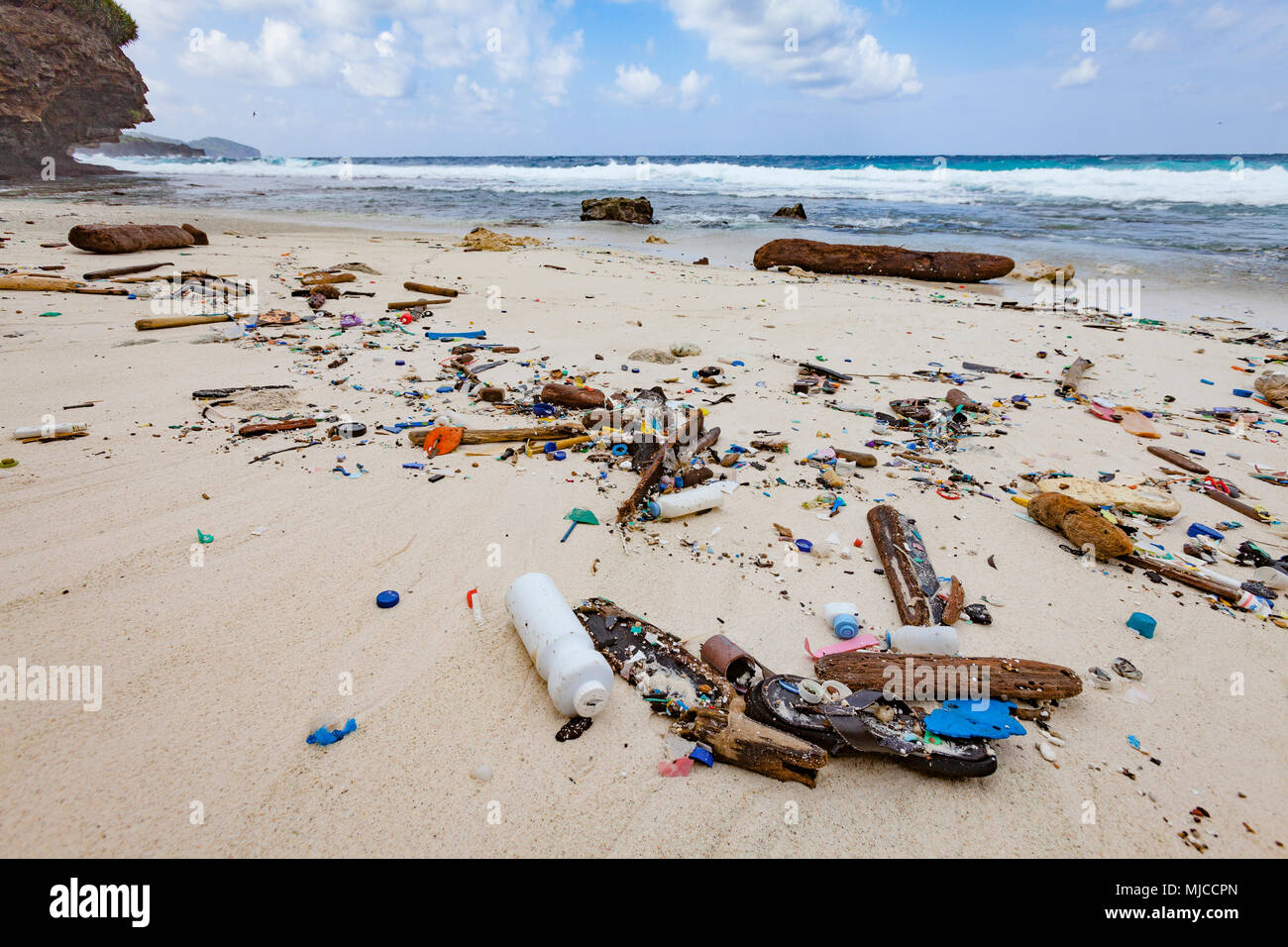 Plastic garbage on the beach of the island Christmas Island in the