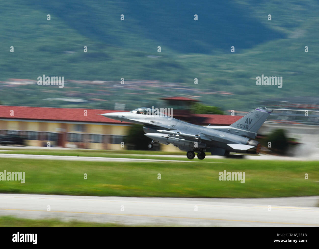 An Aviano Air Base, Italy, F16 Fighting Falcon takes off from Aviano