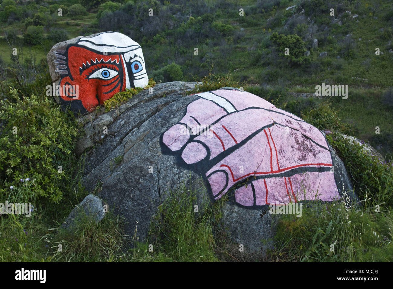 Painting on a stone near Orgosolo, Barbagia, Central Sardinia, Sardinia, Italy, Europe, Stock Photo