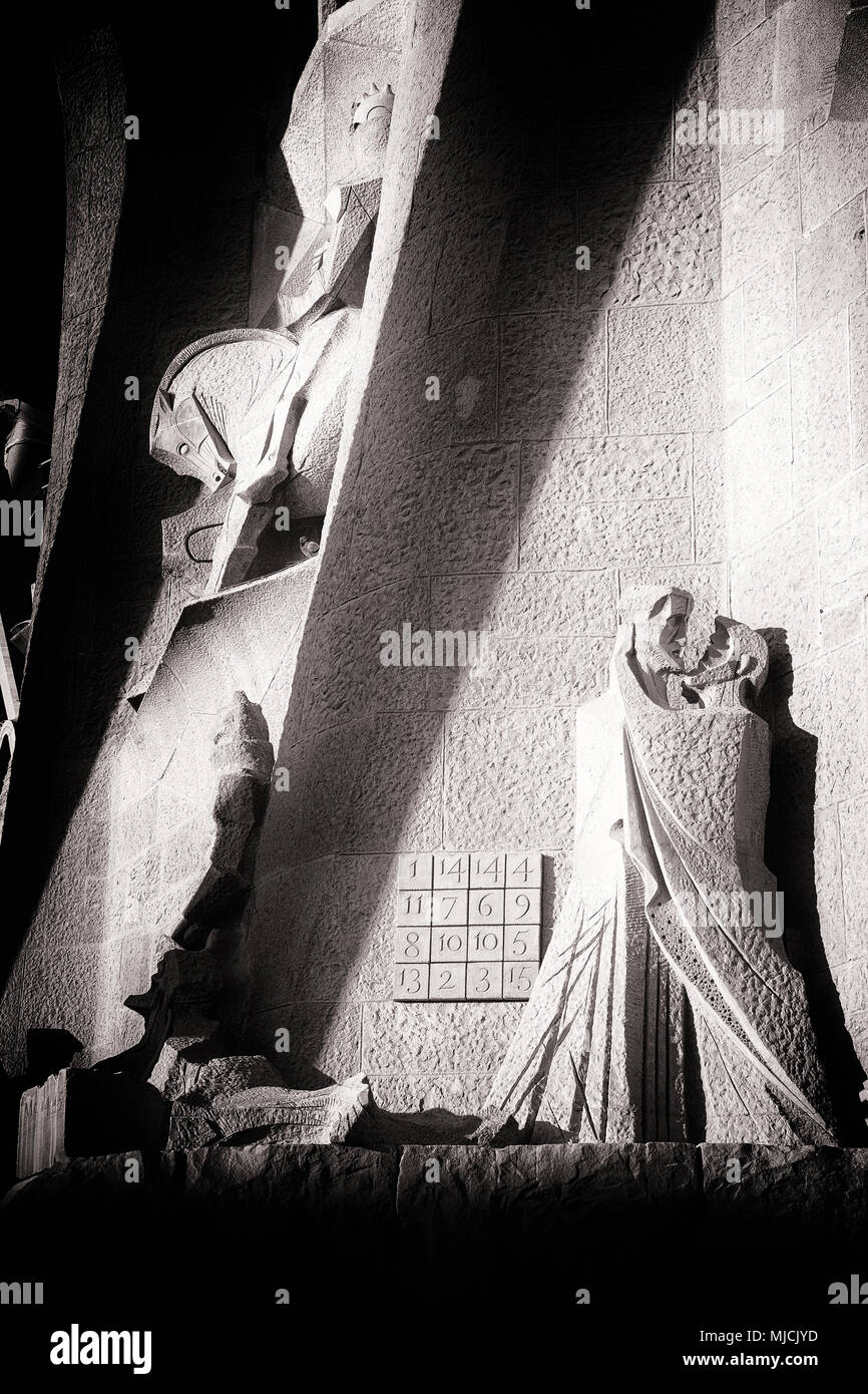 Black and white pictures of the art work of the Sagrada Familia, Barcelona. Here Juda's Kiss by Subirachs Stock Photo