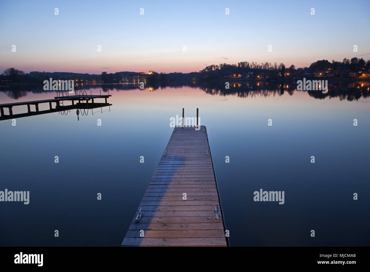 Bridge at the abbey lake with the abbey of Seeon, Chiemgau, Seeon-Seebruck, Upper Bavaria, Bavarians, South Germany, Germany, Stock Photo