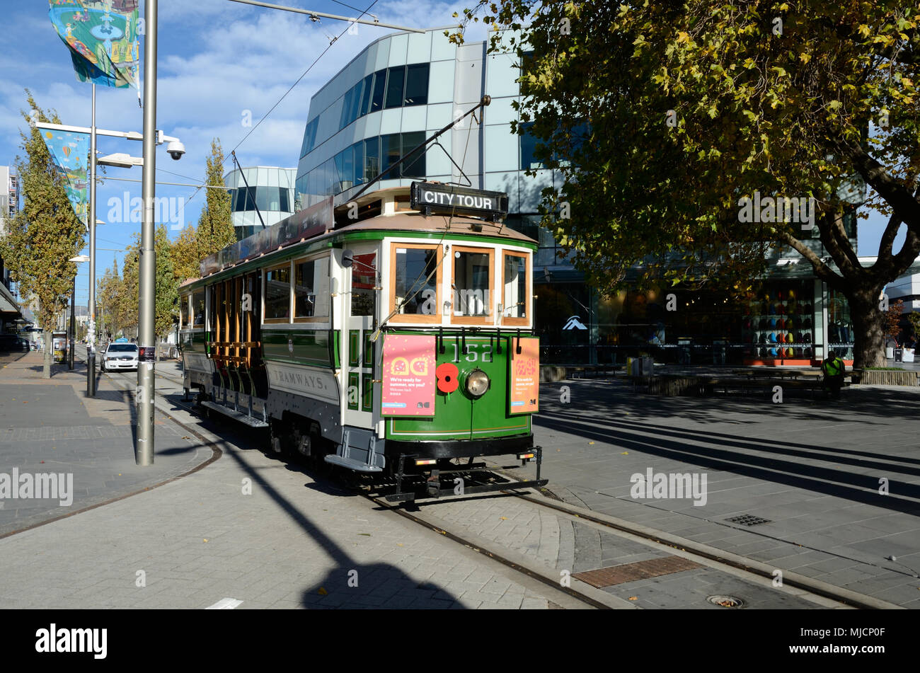CHRISTCHURCH, NEW ZEALAND, APRIL 20, 2018: Trams for the tourists are back on track in Christchurch, South Island, New Zealand Stock Photo