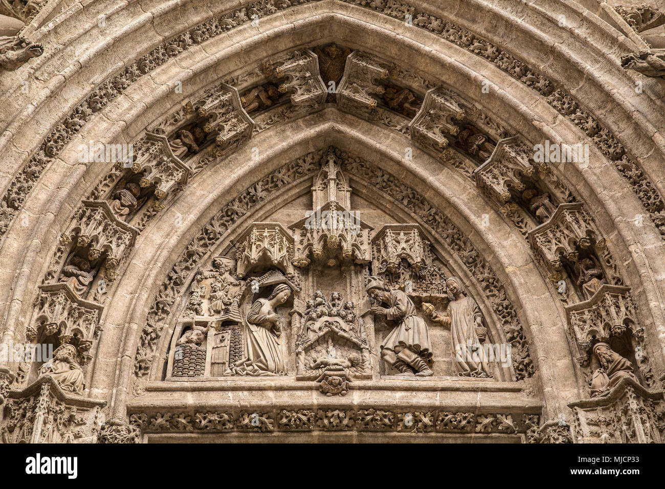 Europe, Spain, Andalusia, Seville, cathedral, portal, detail, adoration of Child Jesus Stock Photo