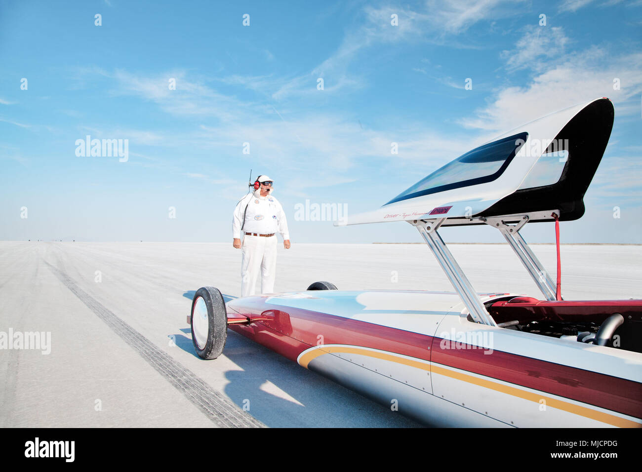 Famous starter Jim Jenson, self-built racing car, Bonneville Speed Week, Great Salt Lake, Utah, Stock Photo