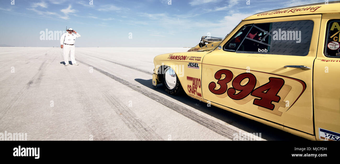 Famous starter Jim Jenson, self-built racing car, Bonneville Speed Week, Great Salt Lake, Utah, Stock Photo