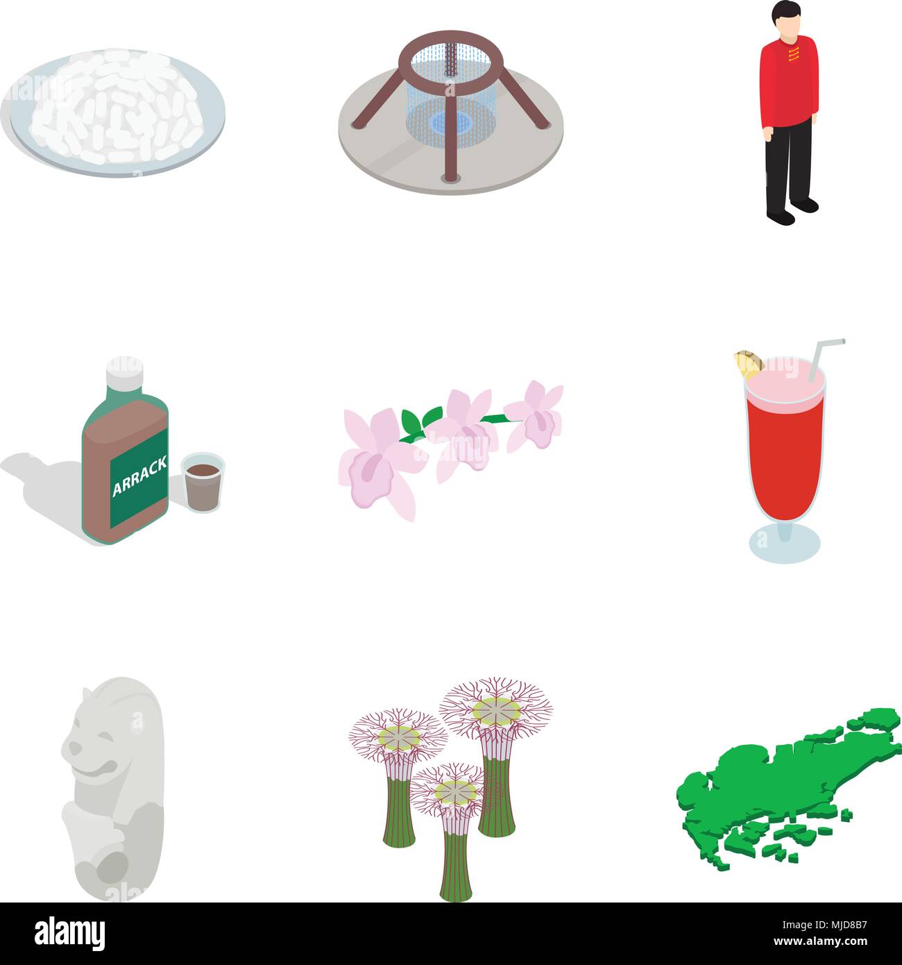 Foreign place icons set, isometric style Stock Vector