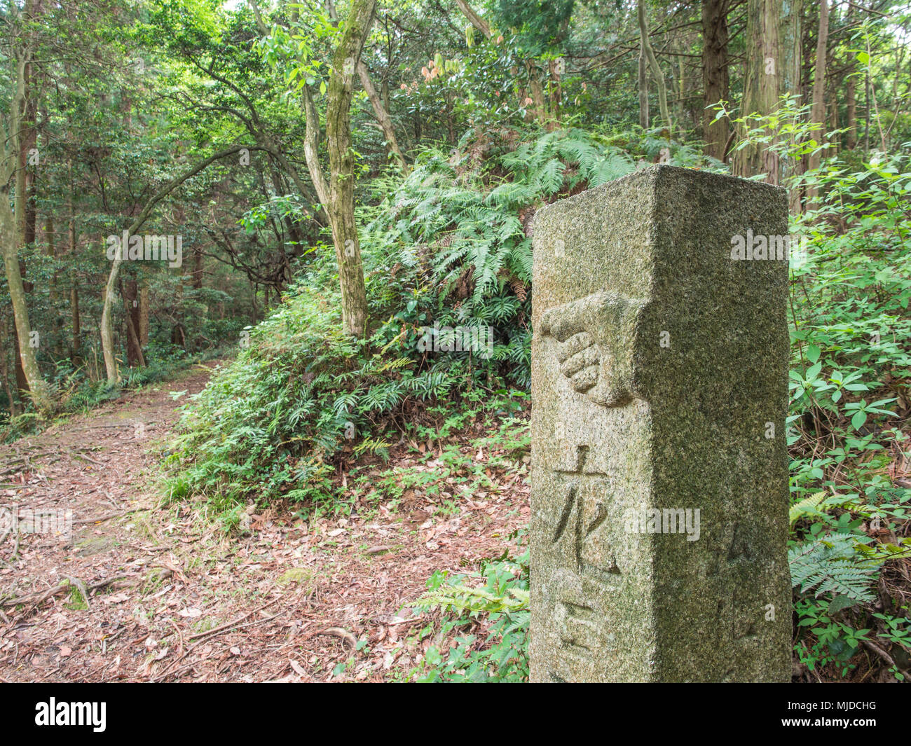 Stone path marker, henro pilgrim trail to Sankakuji, 88 temple pilgrimage, Ehime, Shikoku, Japan Stock Photo