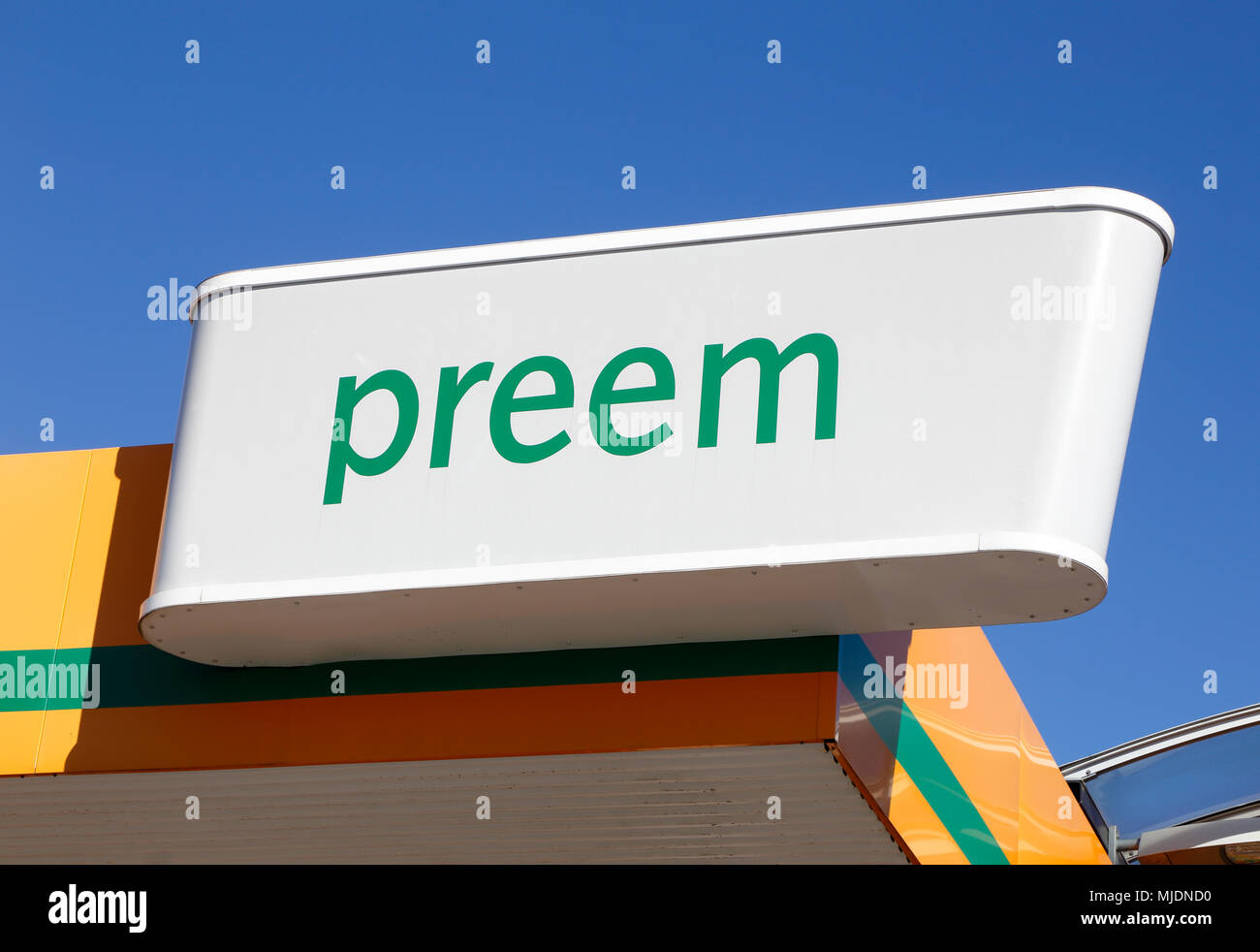 Soderhamn, Sweden - July 18, 2016: Closeup of the gasoline brand Preem service station sign located on the shelter. Stock Photo
