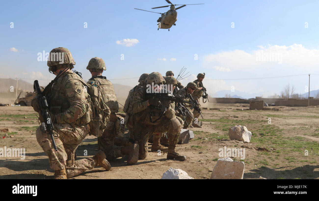U.S. Army soldiers from Comanche Troop, 1st Squadron, 180th Cavalry Regiment, secure a Helicopter Landing Zone (HLZ) on the outskirts of Kabul, Afghanistan, March 3, 2018. The soldiers, along with several senior leaders from NATO Resolute Support Command, visited three of Kabul’s main entry points, or “city gates” to discuss security and show support for their Afghan counterparts leading the city’s security efforts. The 1-180th soldiers are part of the Kabul Security Force. (NATO Stock Photo