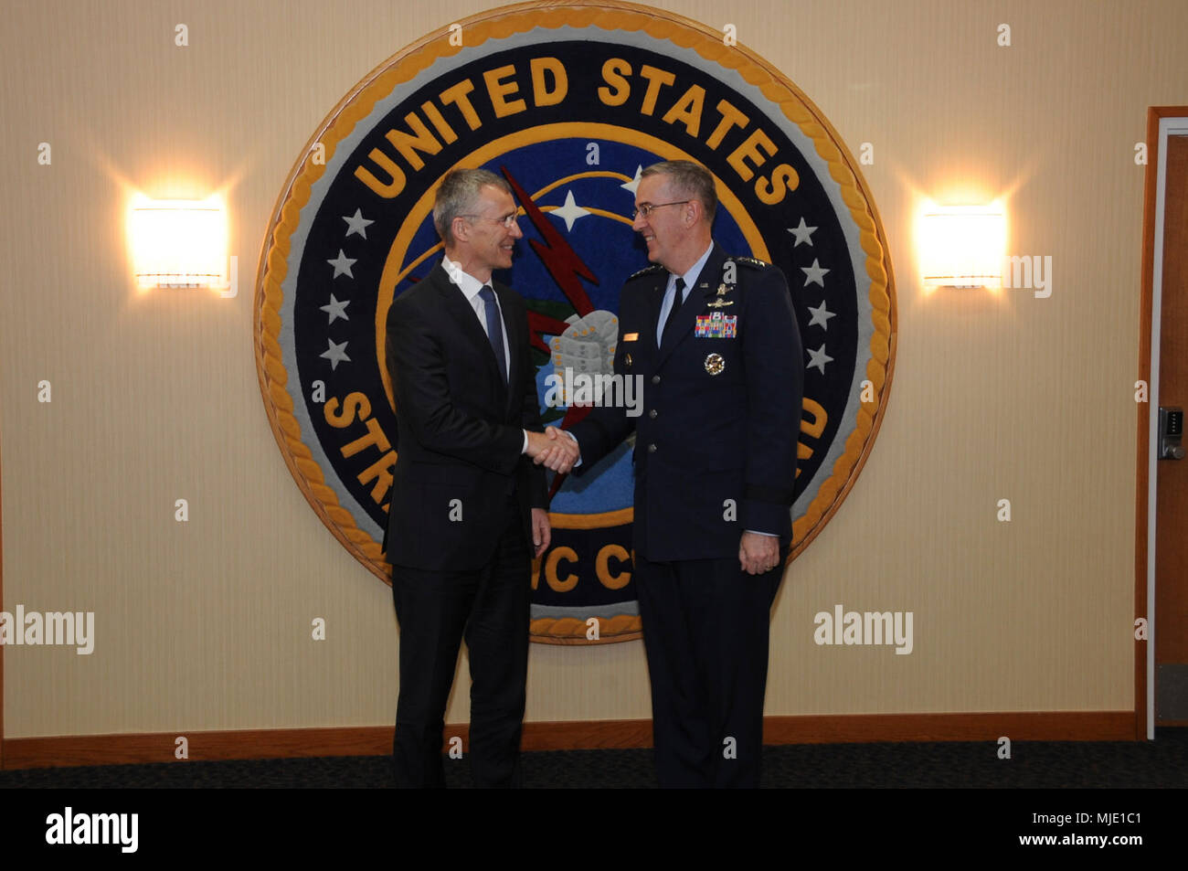U.S. Air Force Gen. John Hyten, commander of U.S. Strategic Command (USSTRATCOM), welcomes NATO Secretary General Jens Stoltenberg to USSTRATCOM headquarters at Offutt Air Force Base, Neb., April 6, 2018. During his visit, Stoltenberg toured the command’s global operations center and participated in discussions with Hyten, other senior leaders and subject matter experts on the continuing U.S. commitment to supporting NATO and allies. (USSTRATCOM Stock Photo