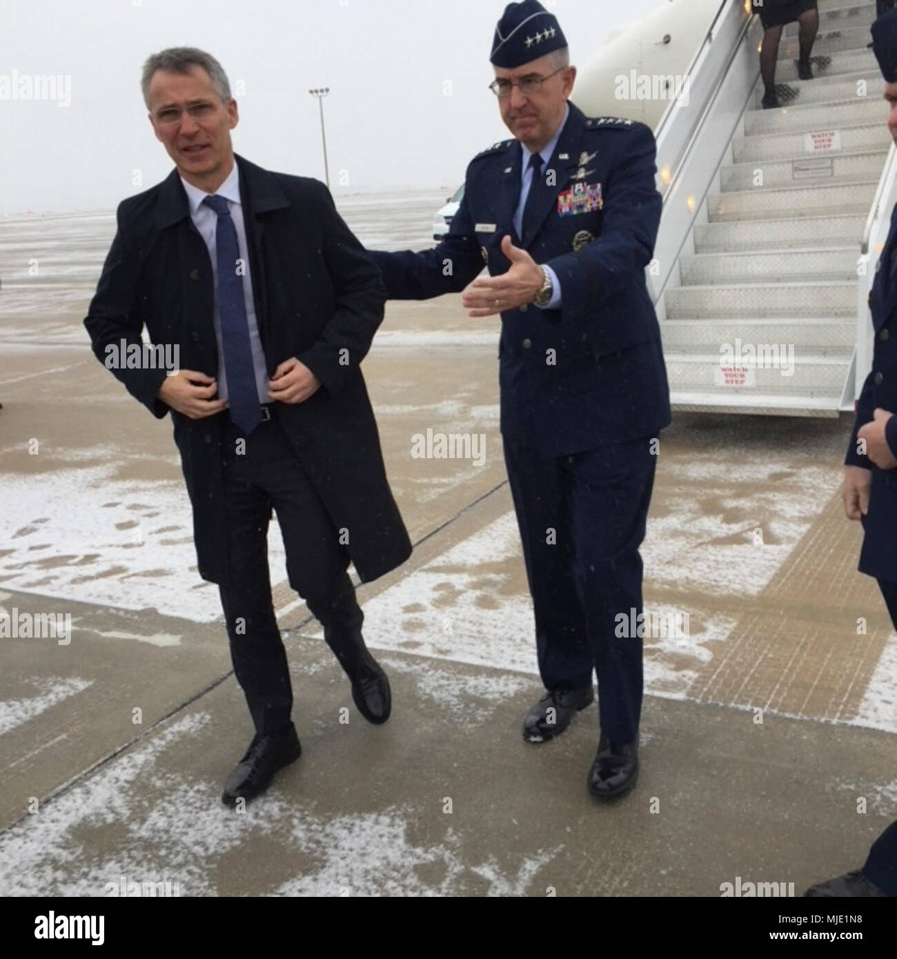 U.S. Air Force Gen. John Hyten, commander of U.S. Strategic Command (USSTRATCOM), welcomes NATO Secretary General Jens Stoltenberg to Omaha, Neb., April 6, 2018. During his visit to USSTRATCOM, Stoltenberg toured the command’s global operations center and participated in discussions with Hyten, other senior leaders and subject matter experts on the continuing U.S. commitment to supporting NATO and allies.  (USSTRATCOM Stock Photo