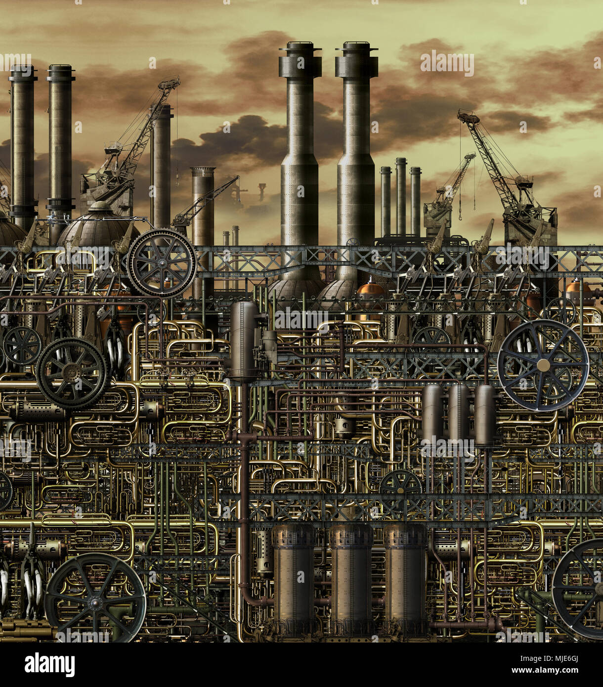 Abstract illustration of an Industrial nightmare highlighting the effects of pollution and environmental change by heavy industry Stock Photo