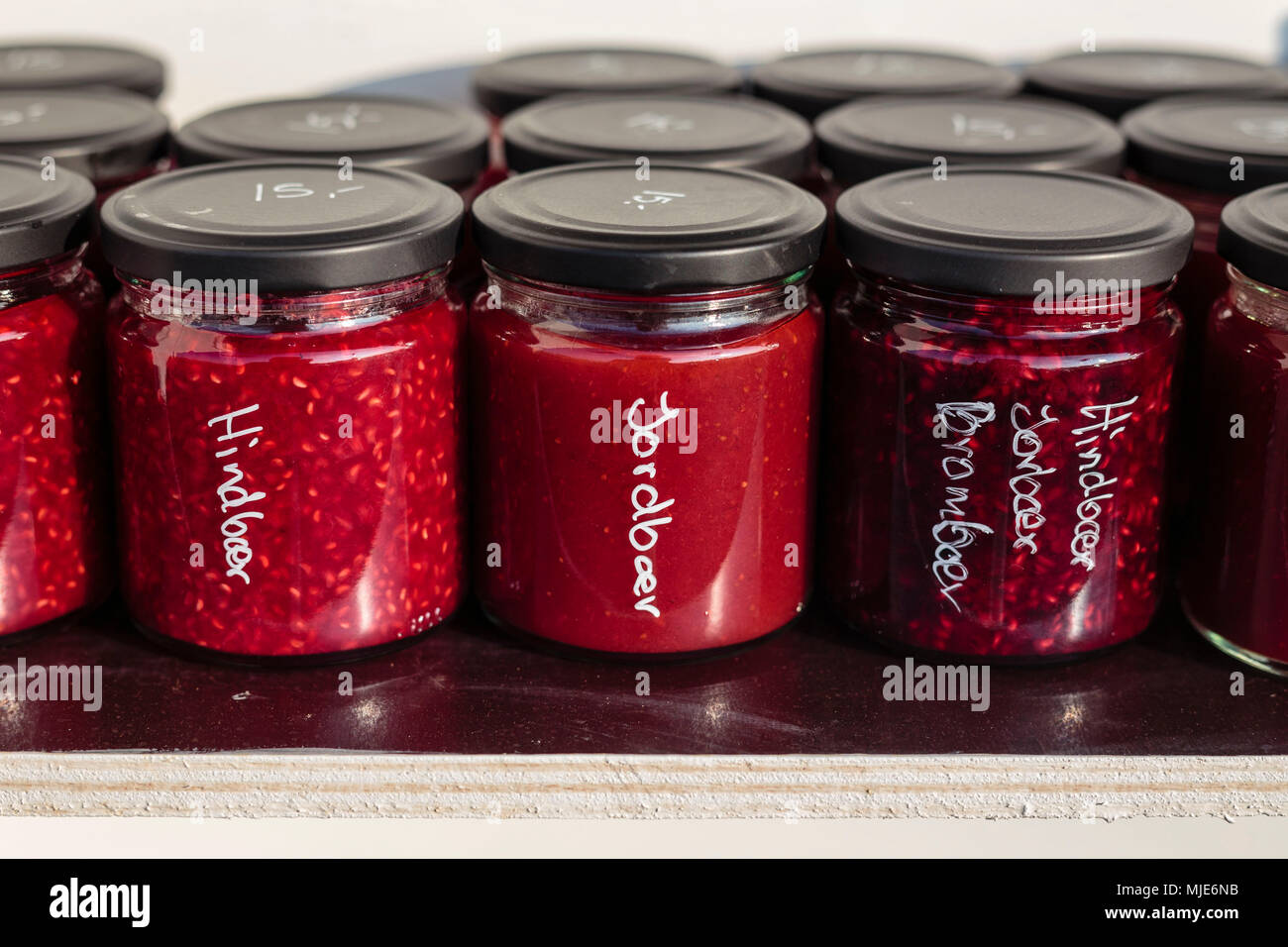 Homemade jam for sale in front of a farm, Europe, Denmark, Bornholm, Stock Photo