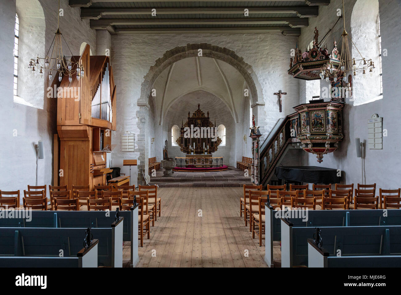 The nave of the Aa Kirke (12th century) in Aakirkeby, Europe, Denmark, Bornholm, Stock Photo