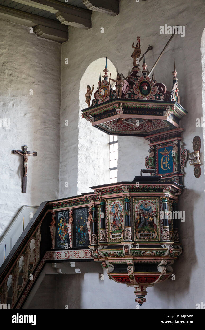 The wooden Renaissance pulpit in the Aa Kirke built in 1603, Europe, Denmark, Bornholm, Aakirkeby, Stock Photo