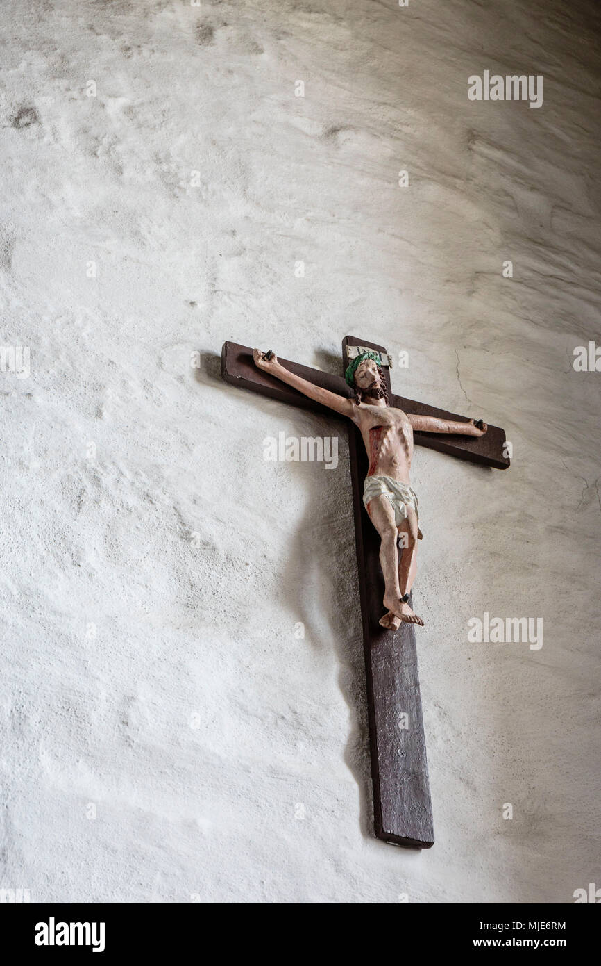 Wooden crucifix in the Aa Kirke, Europe, Denmark, Bornholm, Aakirkeby, Stock Photo