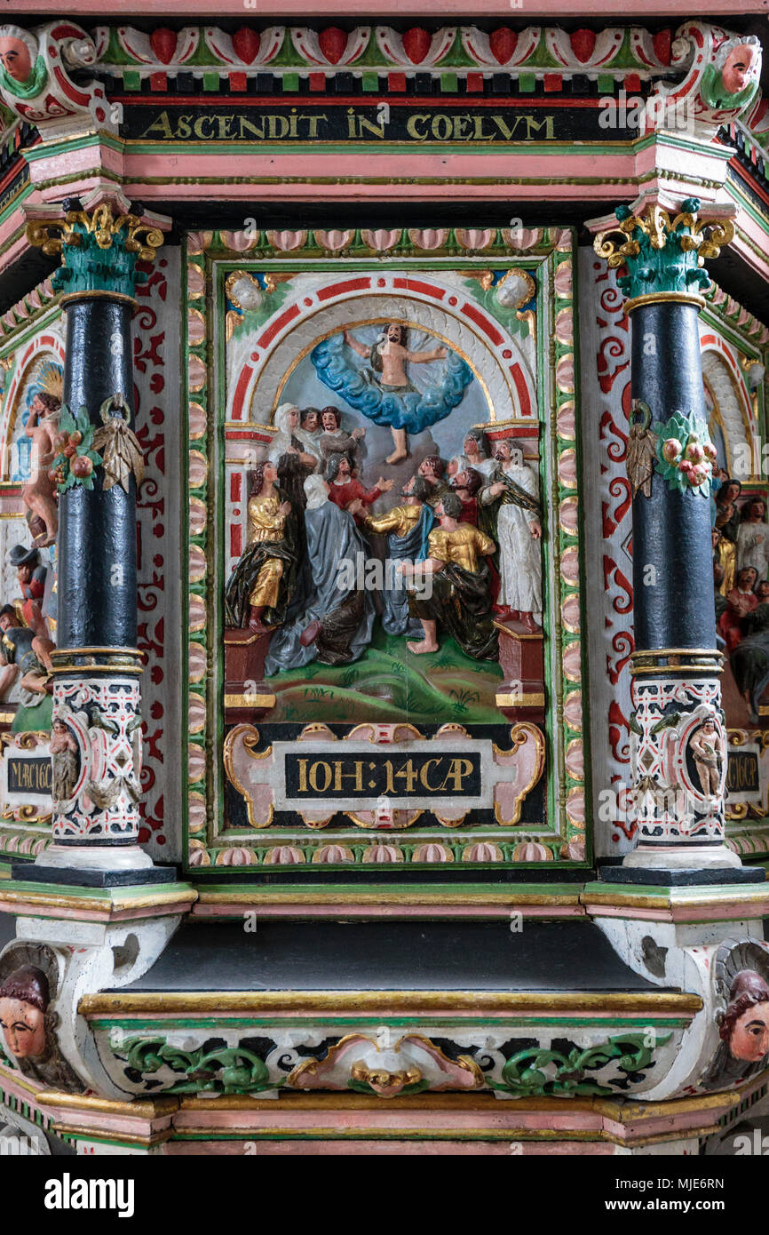 Detail of the wooden Renaissance pulpit in the Aa Kirke built in 1603, Europe, Denmark, Bornholm, Aakirkeby, Stock Photo