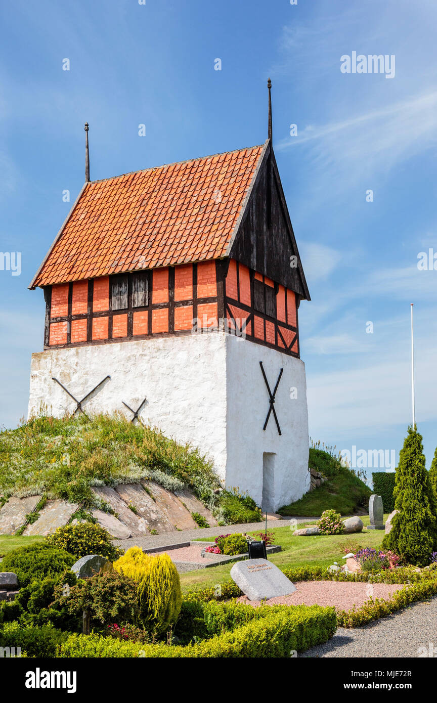Detached bell tower (16th century) of the Ruts Kirke (13th century), Europe, Denmark, Bornholm, Rutsker, Stock Photo