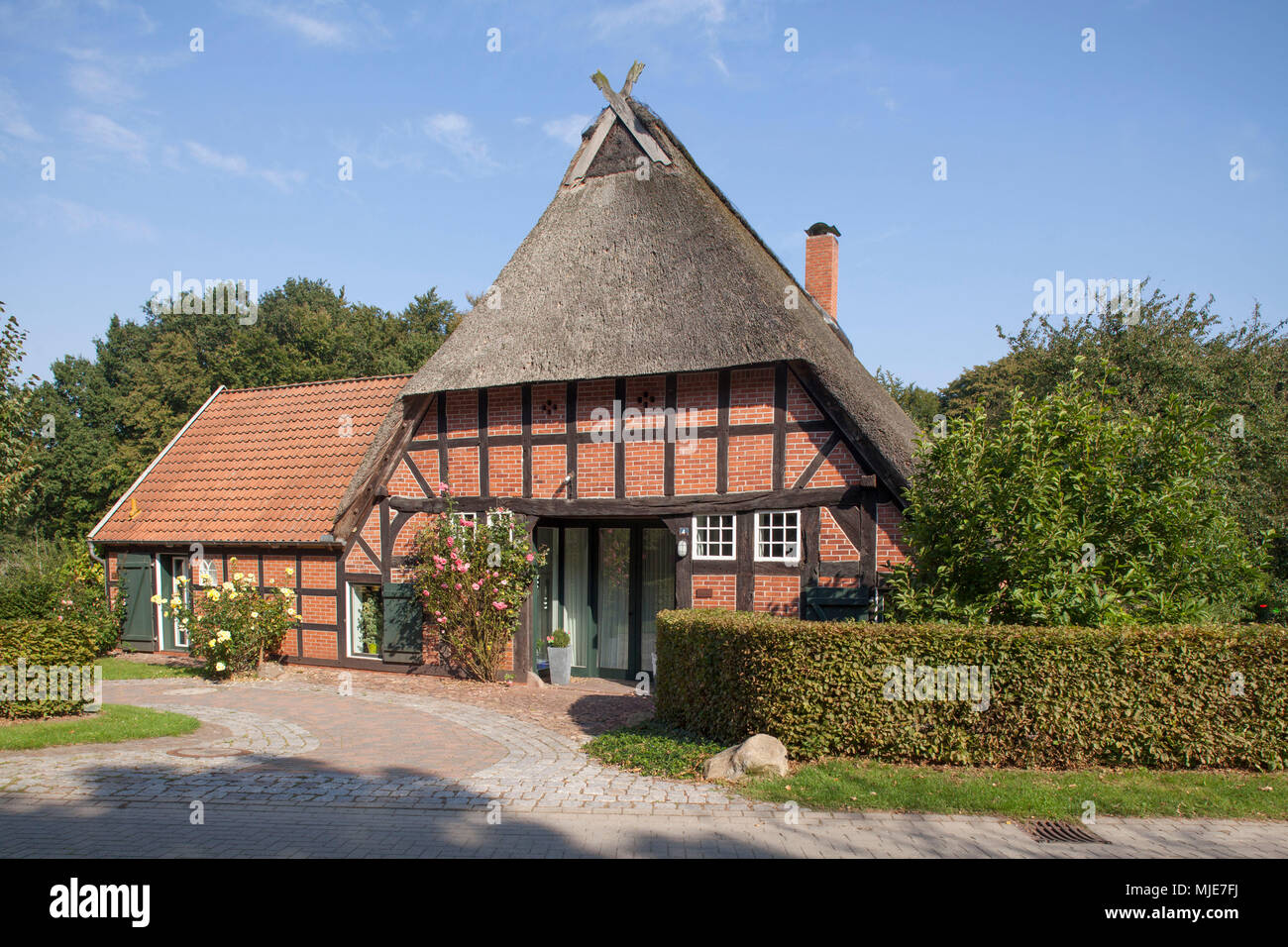 Half-timbered house on Heiligenberg, Bruchhausen-Vilsen, Lower Saxony, Germany, Europe Stock Photo