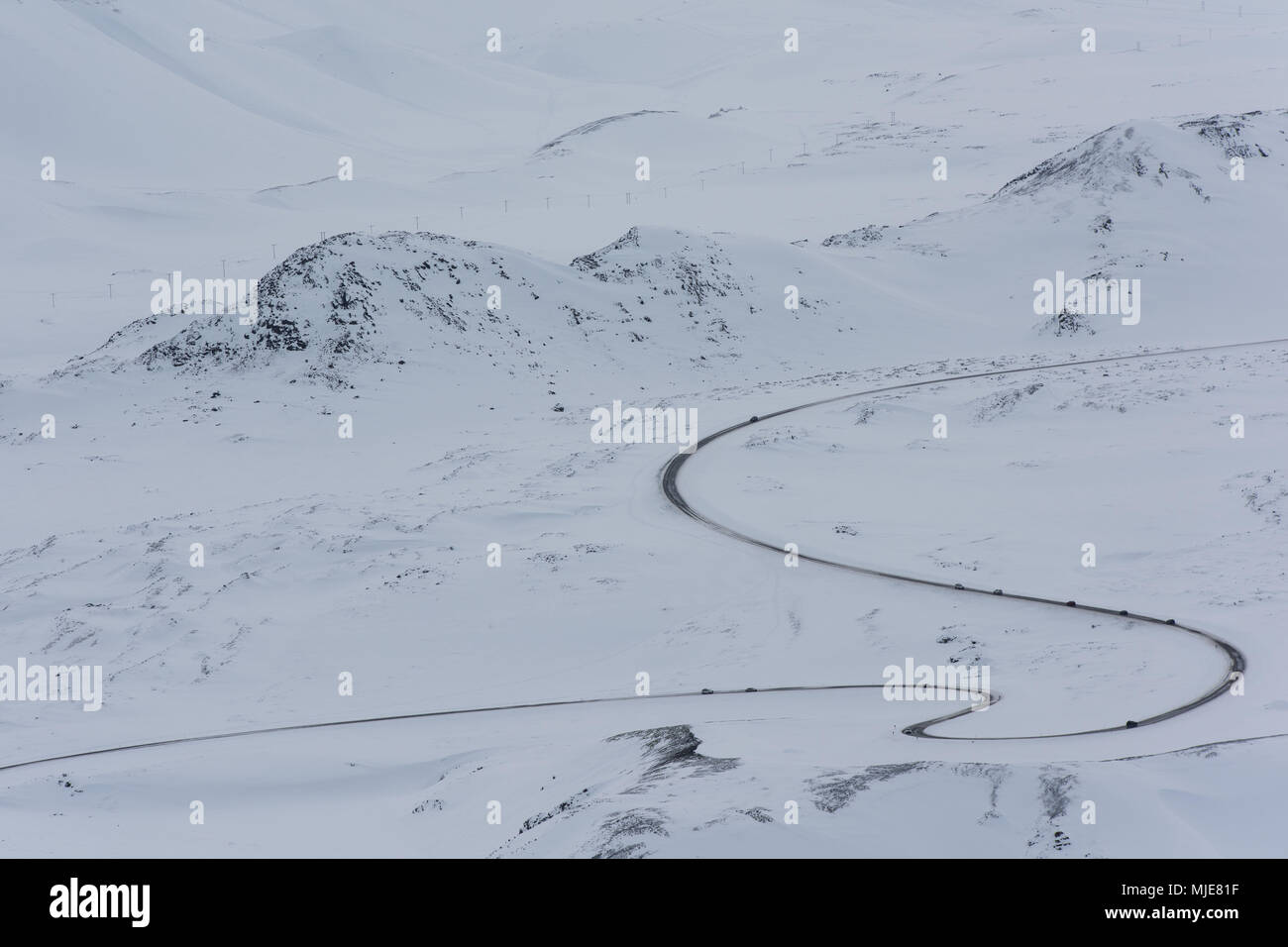 Iceland, bird's eye view, cars on the ring road in the winter Stock Photo