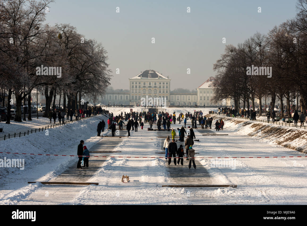 Skaters on the frozen Nymphenburger Kanal in Munich Stock Photo