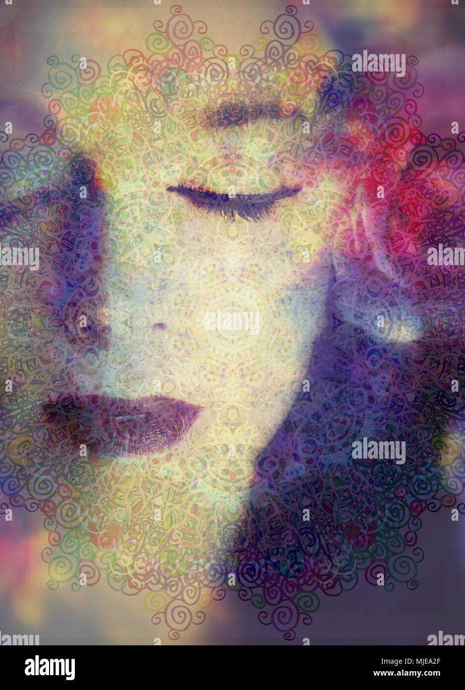 photomontage, woman, face, eyes closed, blossom, detail, Stock Photo
