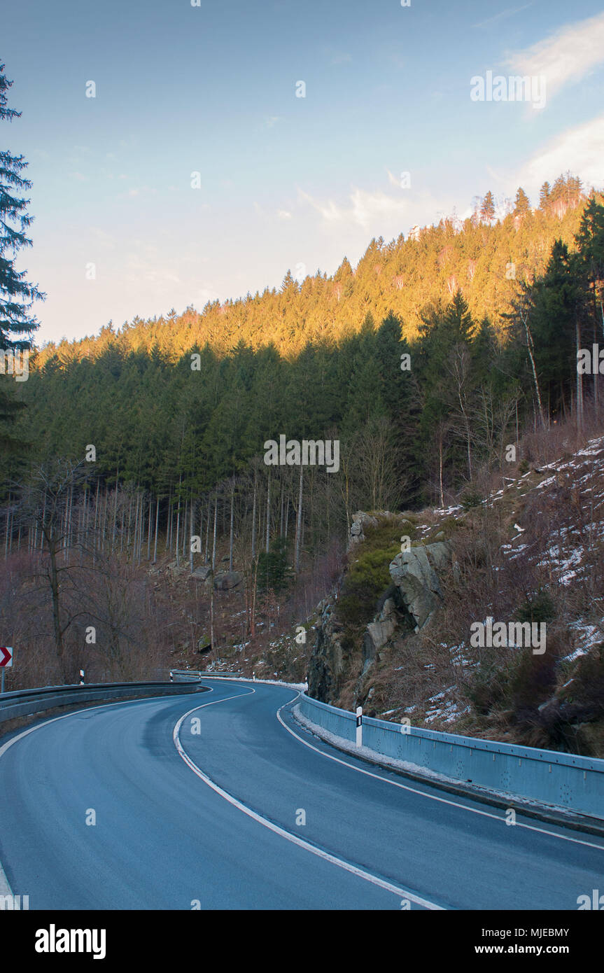 Mountain road curve at the National Park Harz Stock Photo