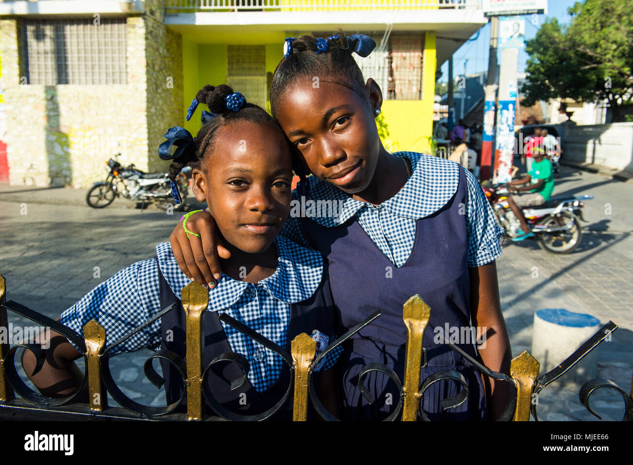 Friendly young school girls, Cap Haitien, Haiti, Caribbean Stock Photo