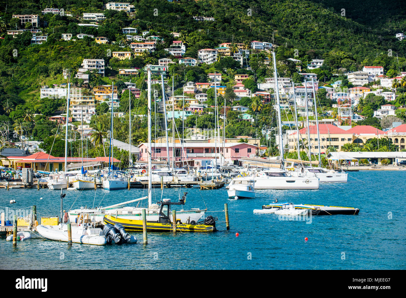 Charlotte Amalie capital of St. Thomas seen from the ocean, US Virgin Islands Stock Photo