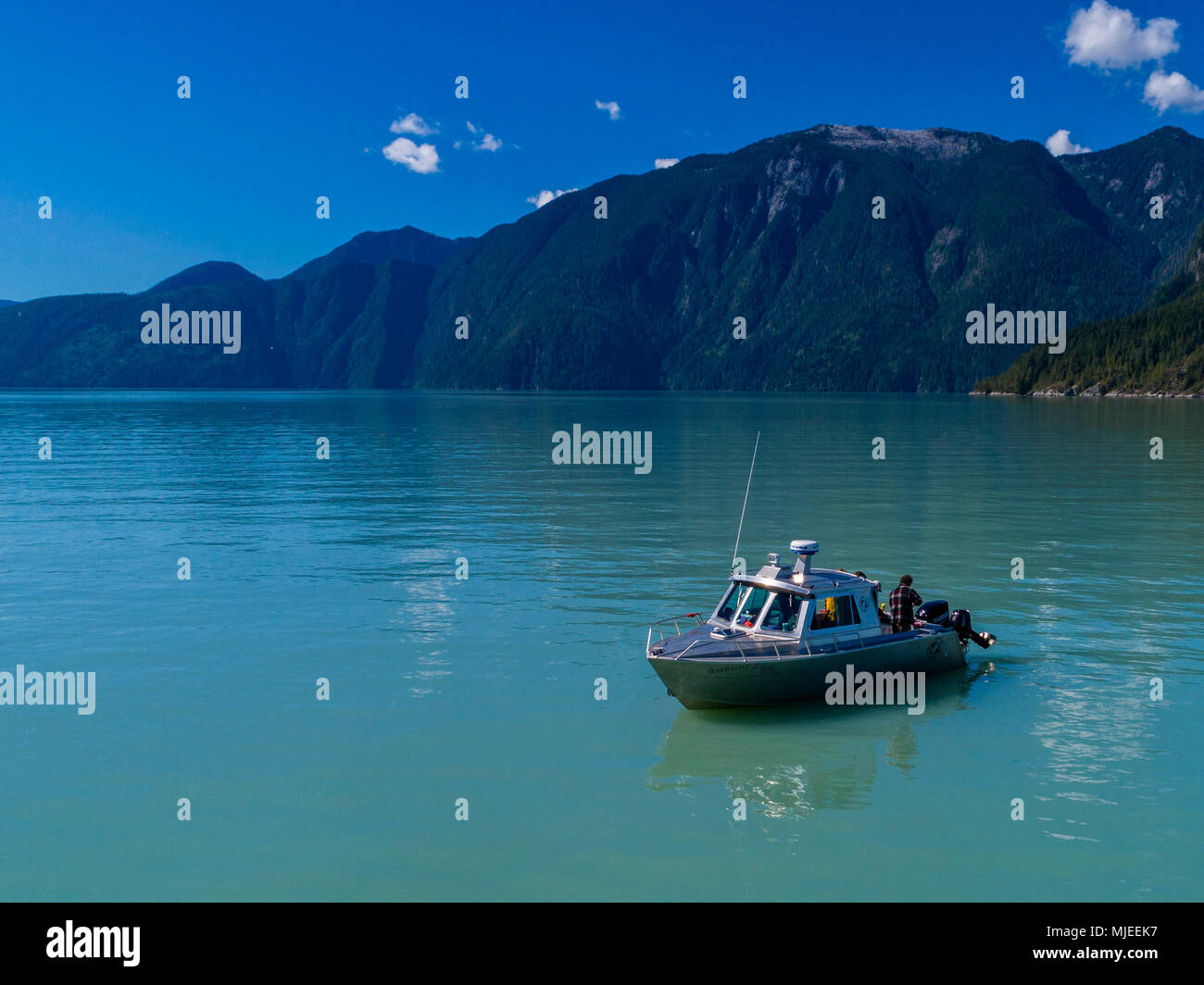 The 'Ambient Light' tour boat of Vancouver Island Photo Tours in Knight Inlet, British Columbia, Canada. Stock Photo