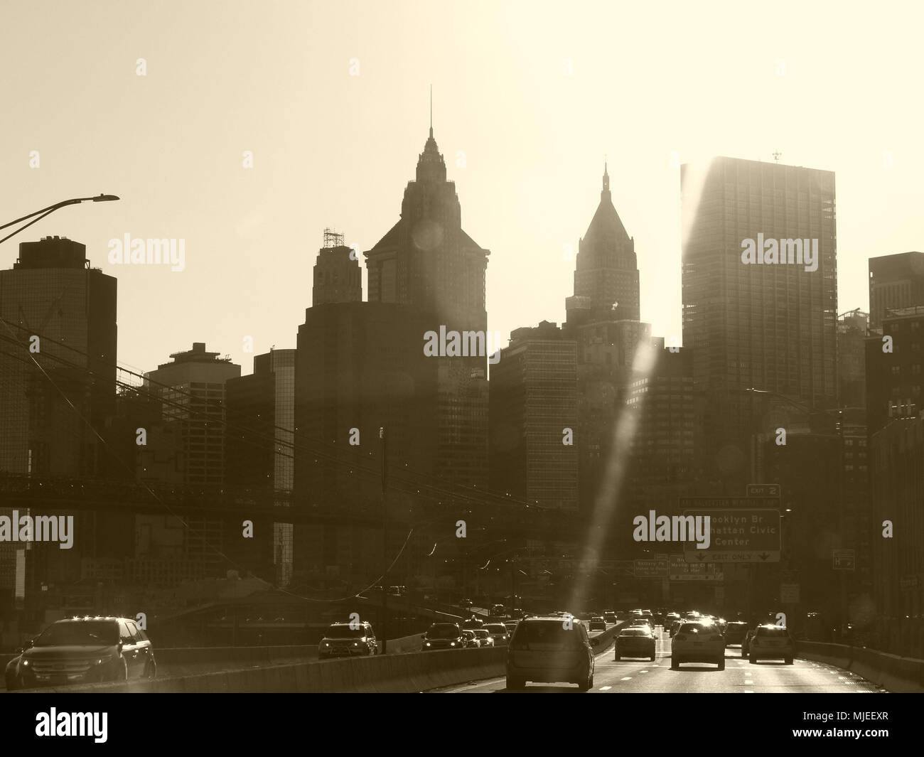 Wall Street office towers photographed from FDR Drive Stock Photo