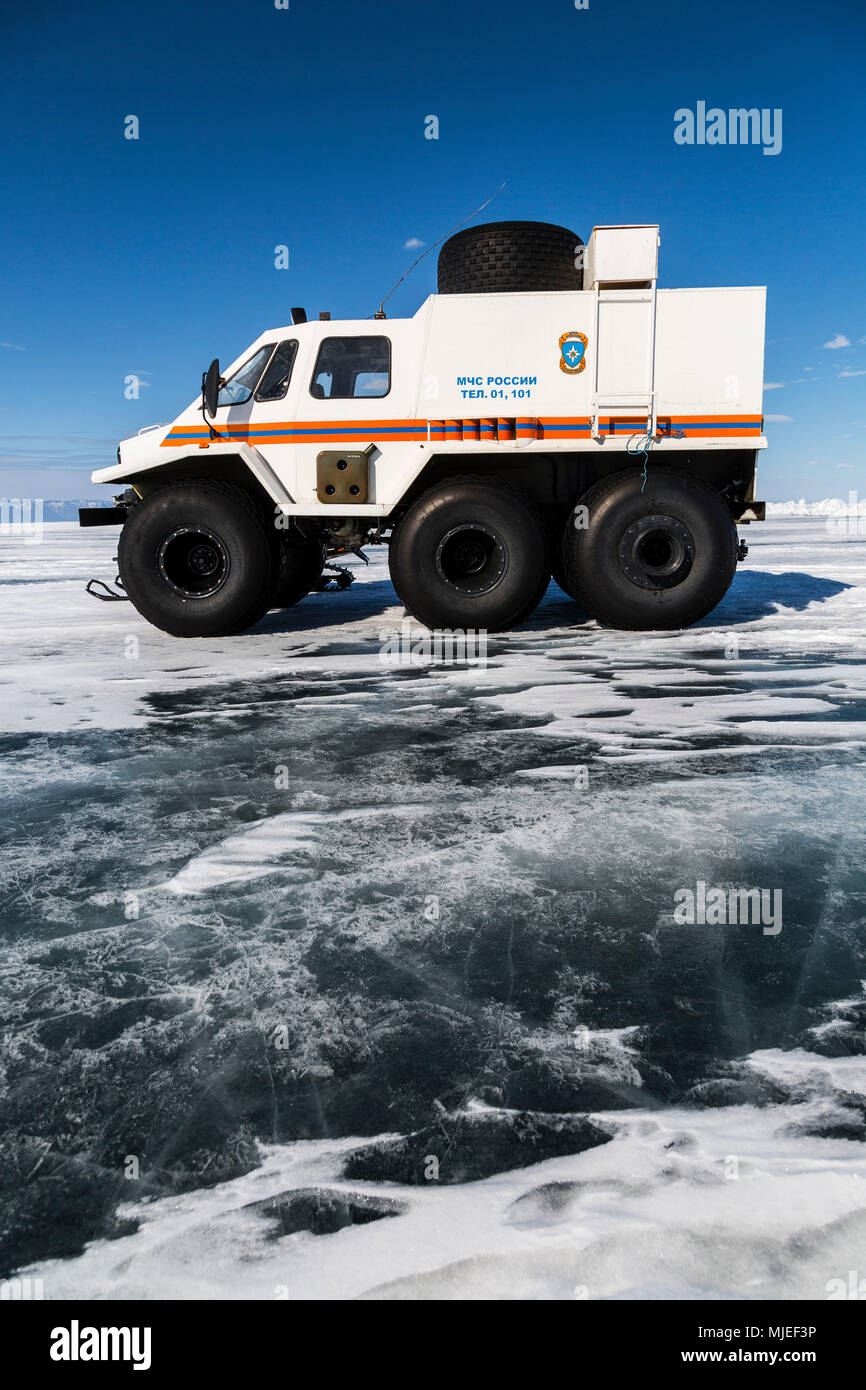 Asia, Russia, Siberia, Buryatia, Irkutsk Oblast, Lake Baikal, Off-road vehicle Stock Photo