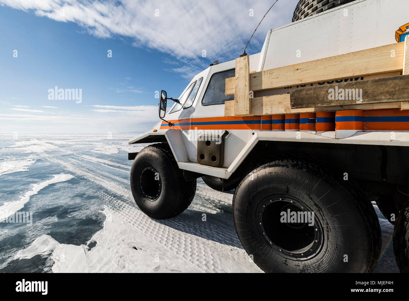 Asia, Russia, Siberia, Buryatia, Irkutsk Oblast, Lake Baikal, Off-road vehicle Stock Photo