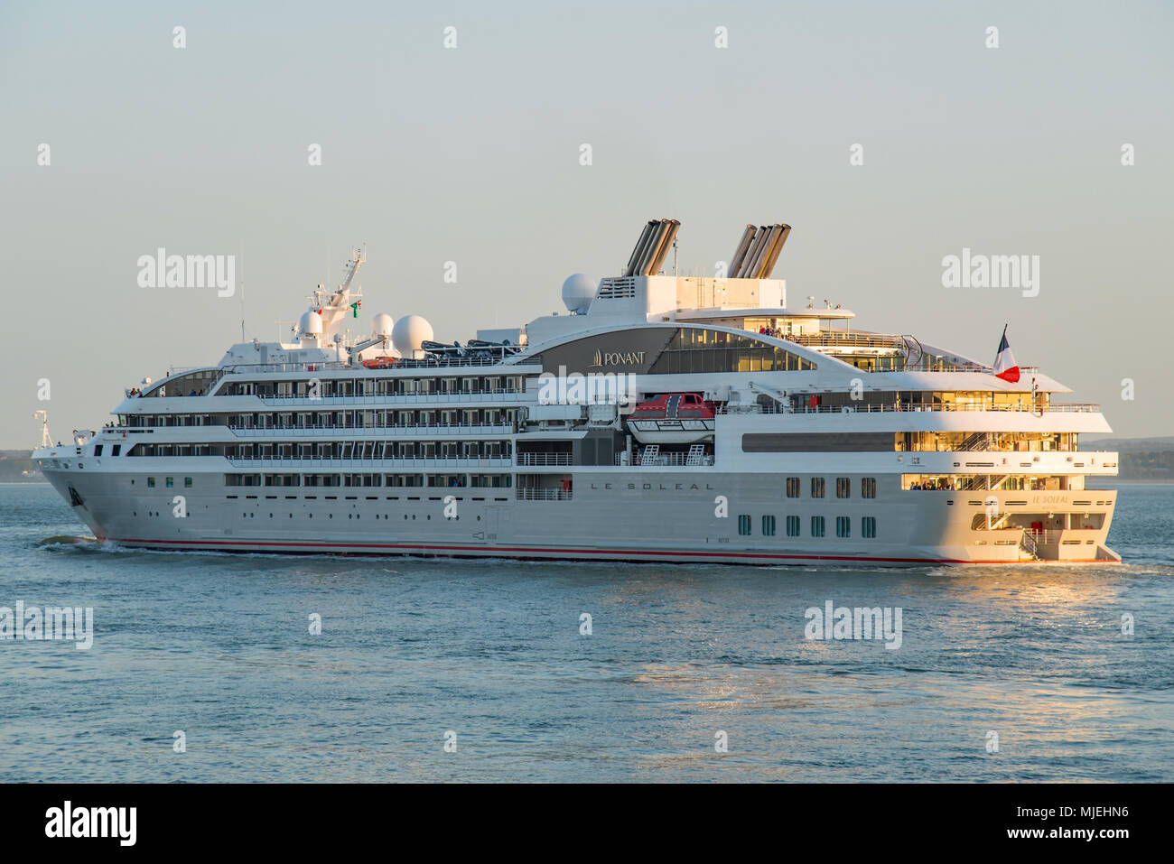 French luxury cruise ship, MS Le Soleal making a evening departure from Portsmouth, UK on the 4th May 2018. Stock Photo