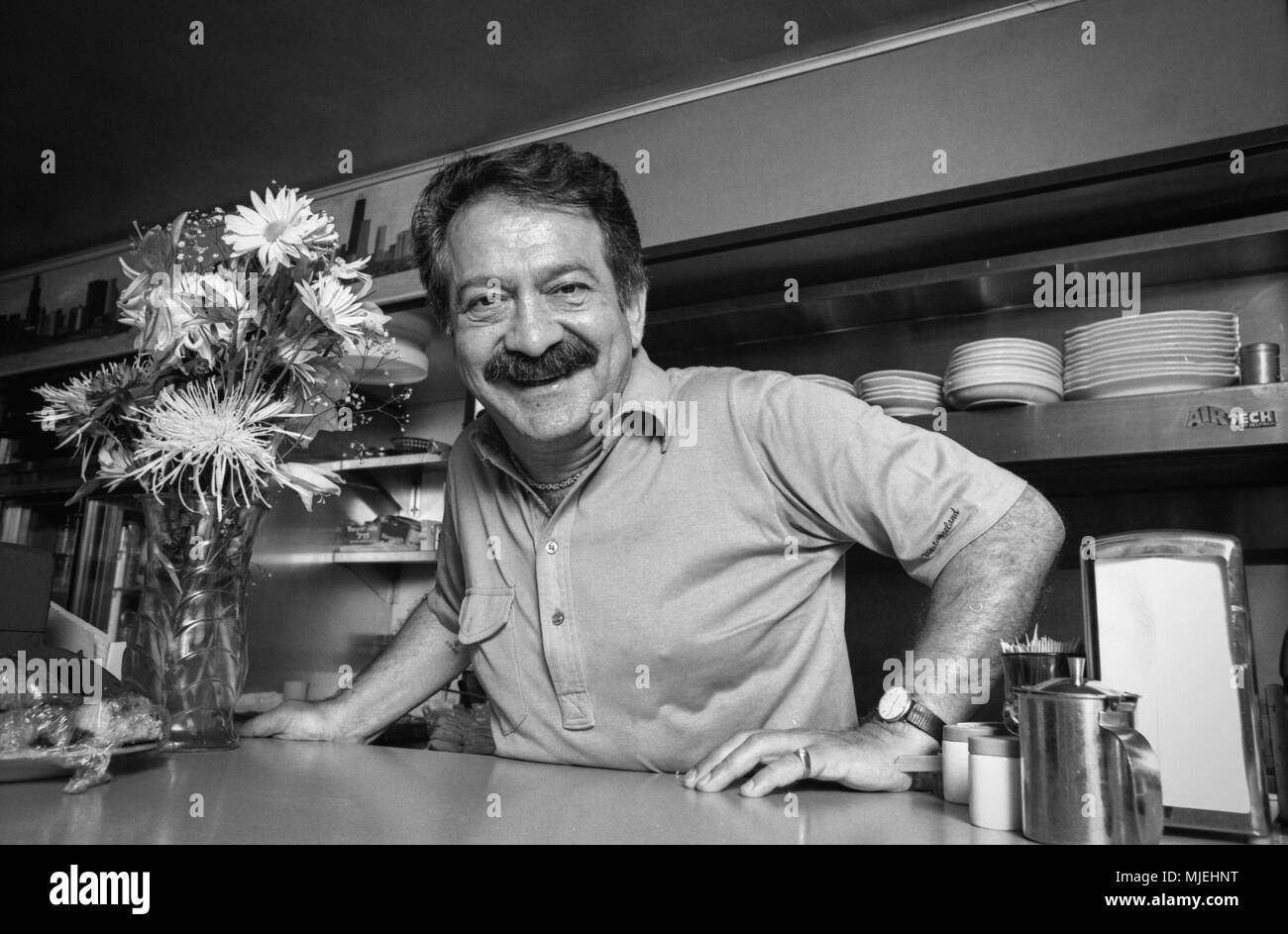 Sarkis Tashjian at the counter of Sarkis Grill in Evanston, Illinois in 1989. Stock Photo