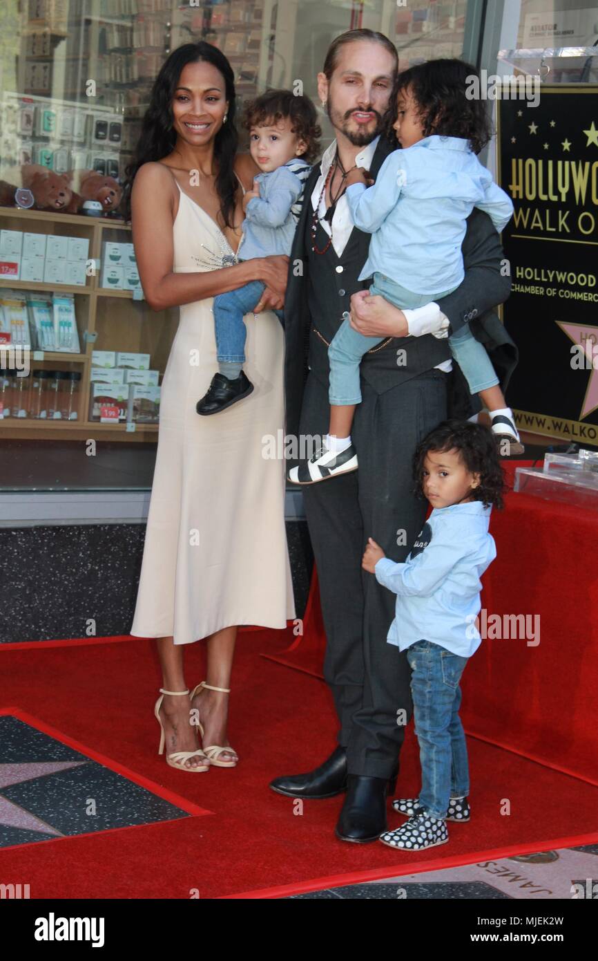 Hollywood, California, USA. 3rd May, 2018. I15980CHW.Hollywood Chamber Of Commerce Honor Actress Zoe Saldana With Star On The Hollywood Walk Of Fame .6920 Hollywood Boulevard, Hollywood, CA USA.05/03/2018.ZOE SALDANA AND HUSBAND MARCO PEREGO WITH CHILDREN BOWIE, CY AND ZEN . © Clinton H.Wallace/Photomundo International/ Photos Inc Credit: Clinton Wallace/Globe Photos/ZUMA Wire/Alamy Live News Stock Photo