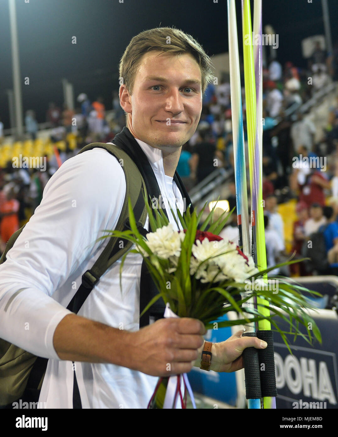 Doha, Qatar. 4th May, 2018. Thomas Rohler of Germany celebrates after