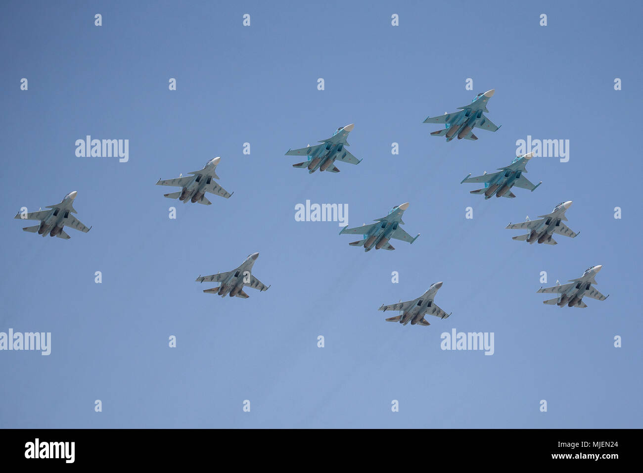 Moscow, Russia. 4th May, 2018. Russian Air Force multi-purpose fighters Sukhoi Su-34, Sukhoi-Su35S, Sukhoi Su-30SM and Sukhoi Su-27 aircraft fly in formation during a rehearsal of the upcoming Victory Day air show marking the 73rd anniversary of the victory over Nazi Germany in the 1941-45 Great Patriotic War, the Eastern Front of World War II. Credit: Victor Vytolskiy/Alamy Live News Stock Photo