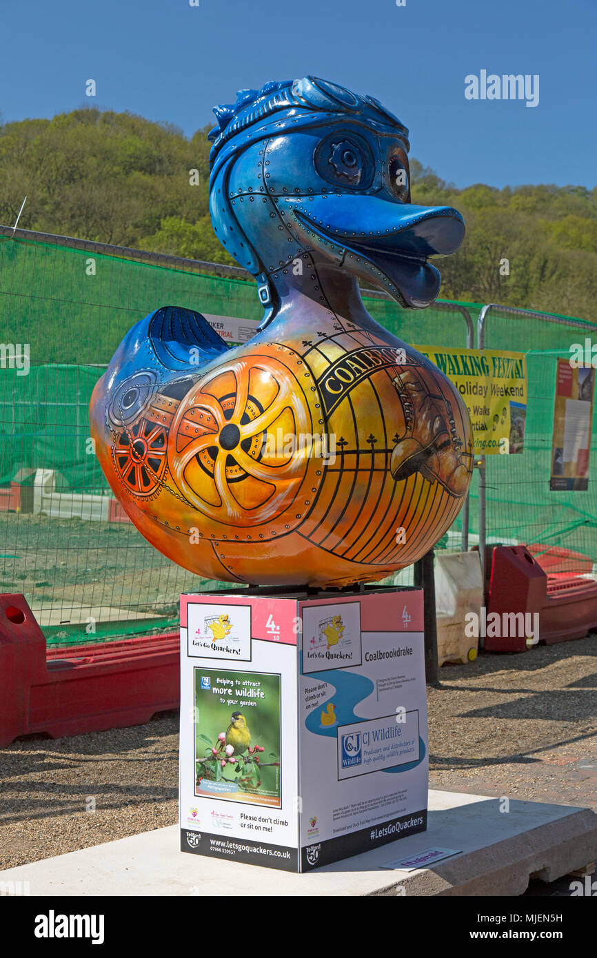 Ironbridge Gorge, Shropshire, UK. 5th May, 2018. The ‘Coalbrookdale’ art duck from the ‘Let’s Go Quackers’ Art Installation, part of the May Bank Holiday celebrations in the Ironbridge Gorge in Shropshire, England. Credit: Rob Carter/Alamy Live News Stock Photo