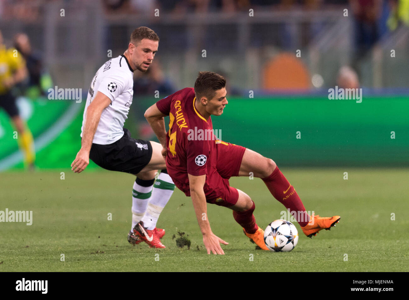 Patrik Schick of Roma  and Jordan Brian Henderson of Liverpool FC   during the Uefa ' Champions League ' Semi-finals , 2st leg, match between Roma 4-2 Liverpool FC  at Olimpic Stadium on May 2, 2018 in Roma, Italy. (Photo by Maurizio Borsari/AFLO) Stock Photo