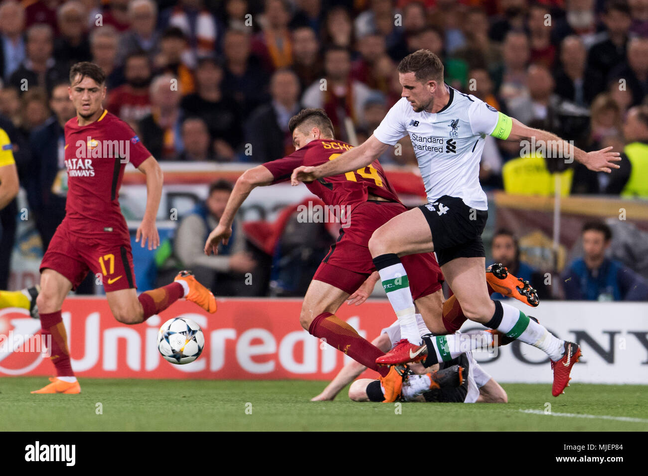 Patrik Schick of Roma and Jordan Brian Henderson of Liverpool FC   during the Uefa ' Champions League ' Semi-finals , 2st leg, match between Roma 4-2 Liverpool FC  at Olimpic Stadium on May 2, 2018 in Roma, Italy. (Photo by Maurizio Borsari/AFLO) Stock Photo
