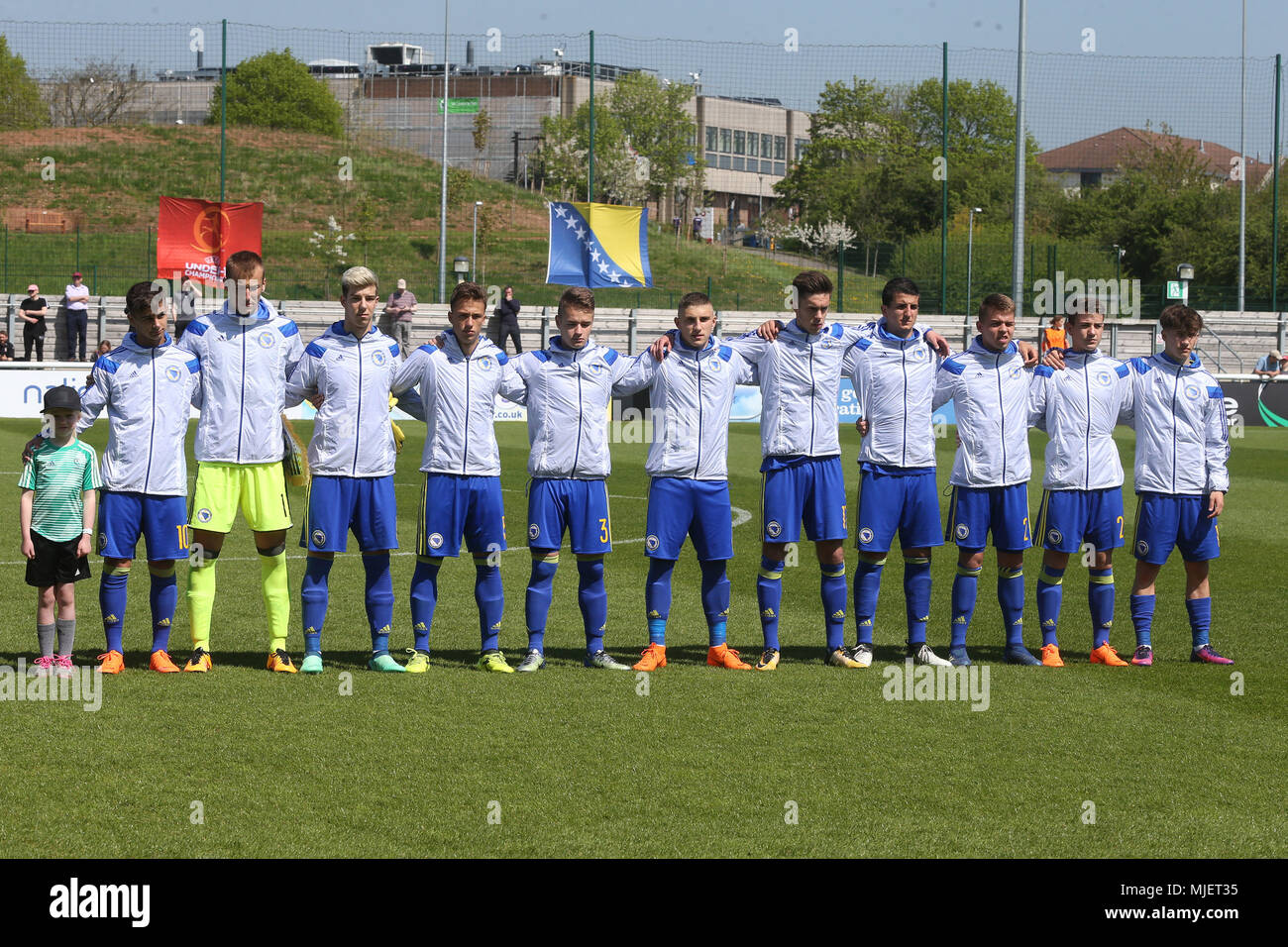 Loughborough, UK. 5th May, 2018. The Bosnia and Herzegovinan team before the 2018 UEFA European Under-17 Championship Group C match between Denmark and Bosnia and Herzegovina at Loughborough University Stadium on May 5th 2018 in Loughborough, England. (Photo by Paul Chesterton/phcimages.com) Credit: PHC Images/Alamy Live News Stock Photo
