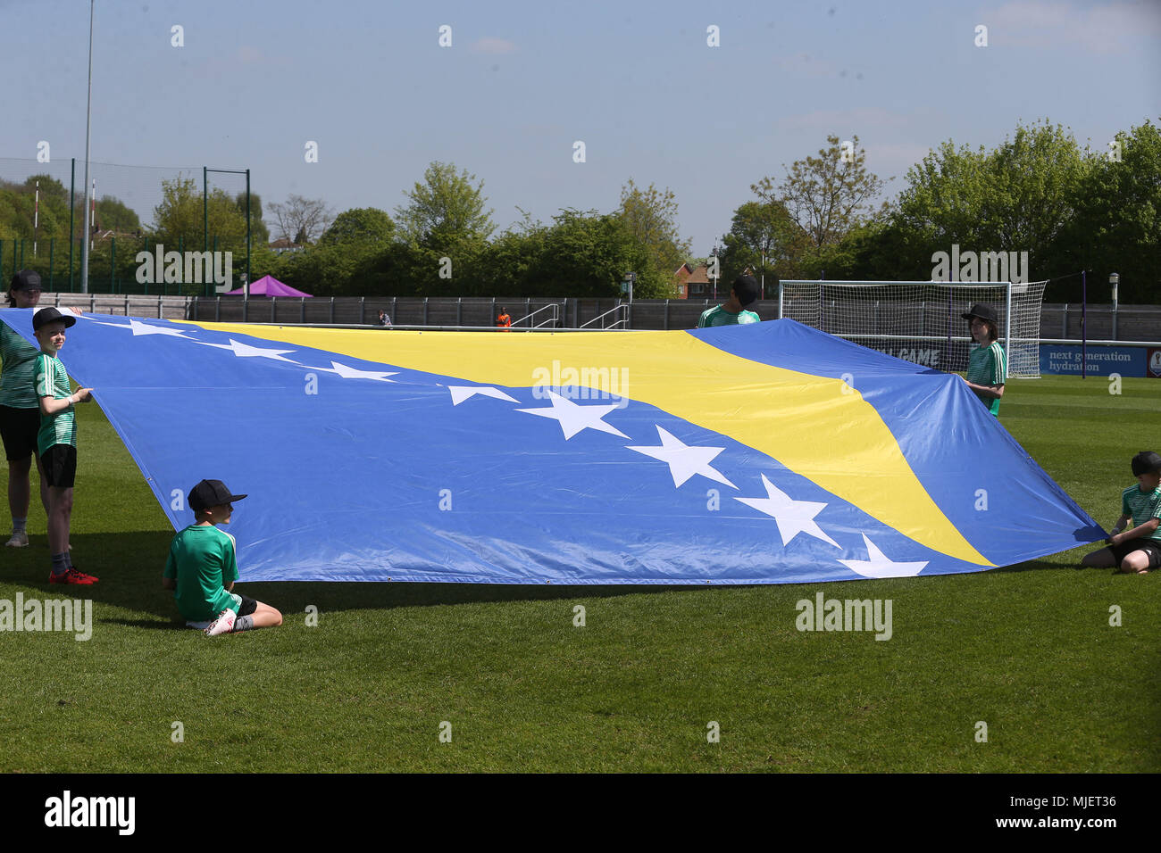 Loughborough, UK. 5th May, 2018. The Bosnia and Herzegovinan flag before the 2018 UEFA European Under-17 Championship Group C match between Denmark and Bosnia and Herzegovina at Loughborough University Stadium on May 5th 2018 in Loughborough, England. (Photo by Paul Chesterton/phcimages.com) Credit: PHC Images/Alamy Live News Stock Photo